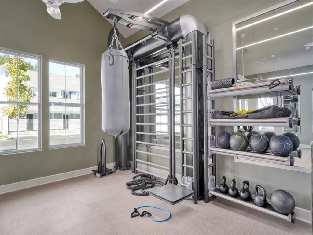 a home gym with a punching bag hanging from the ceiling at Artistry at Winterfield Apartments, Midlothian