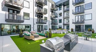a grassy area with bbq pits and couches in front of an apartment building