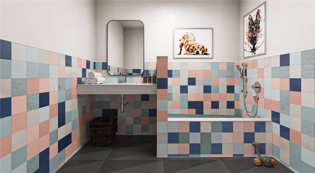 a bathroom with pink and blue tiles