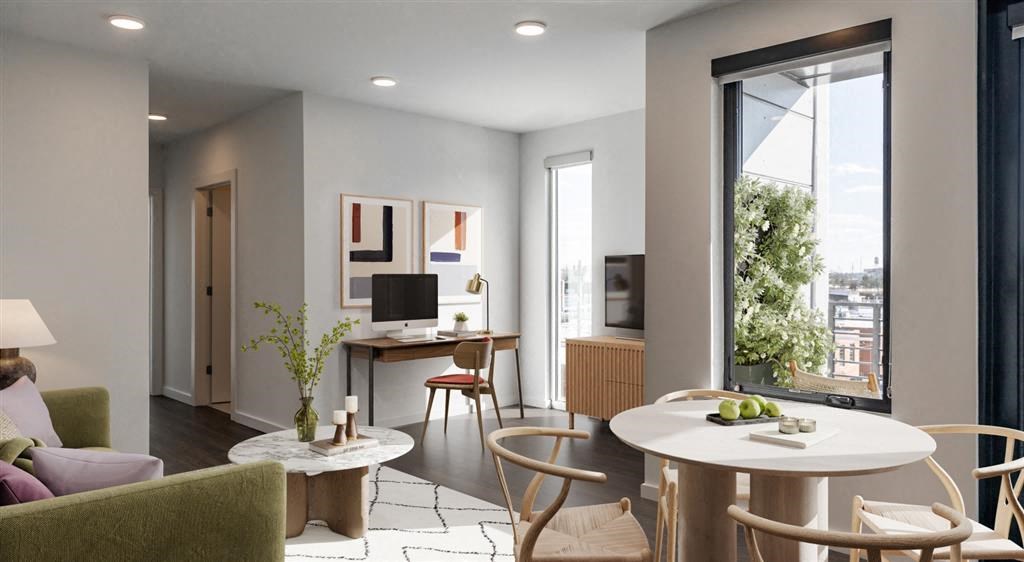 a rendering of a living room with a desk and a large window