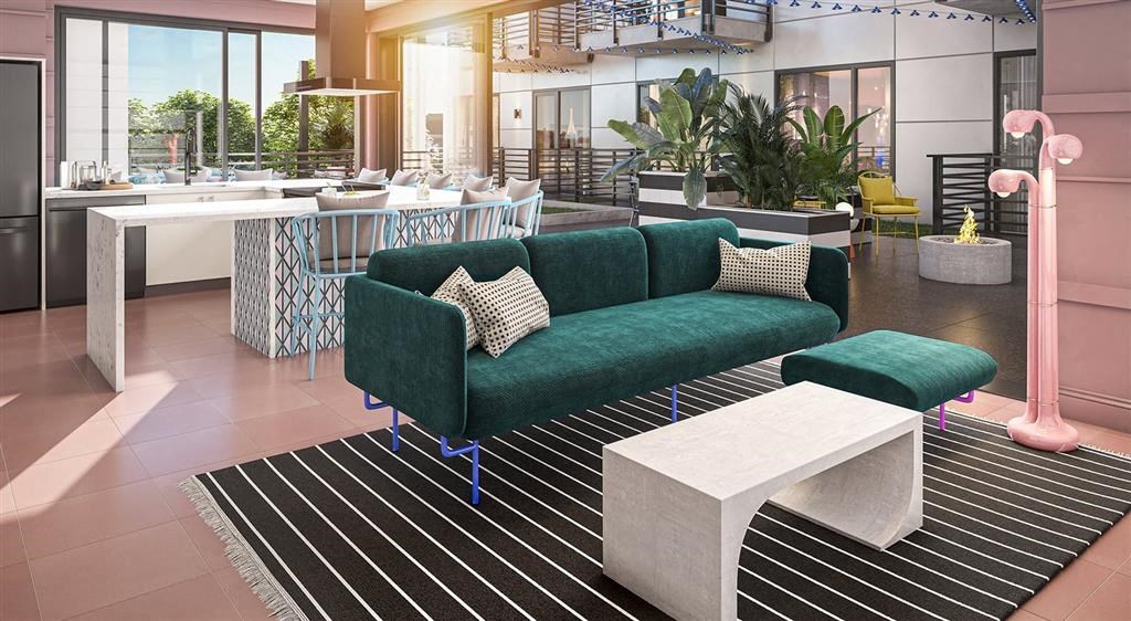 a living room filled with furniture and a large window