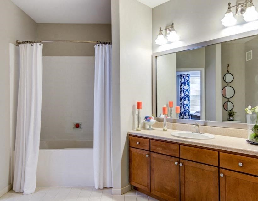 a bathroom with a shower sink and mirror at Sterling Manor, Williamsburg, 23185