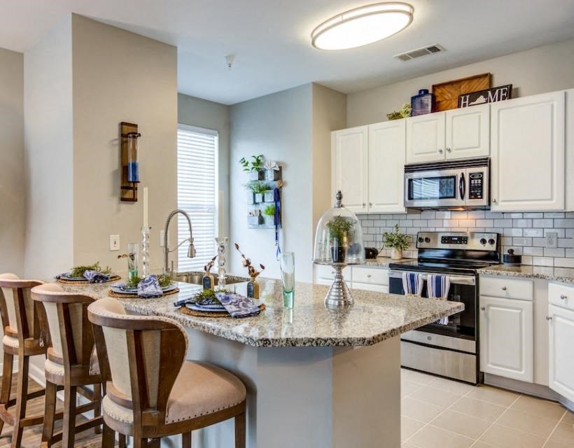 a kitchen with a counter top and a stove top oven at Sterling Manor, Williamsburg