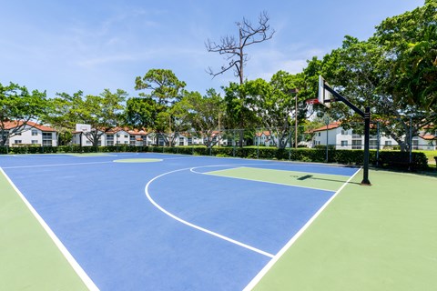 A blue tennis court surrounded by green grass and trees.