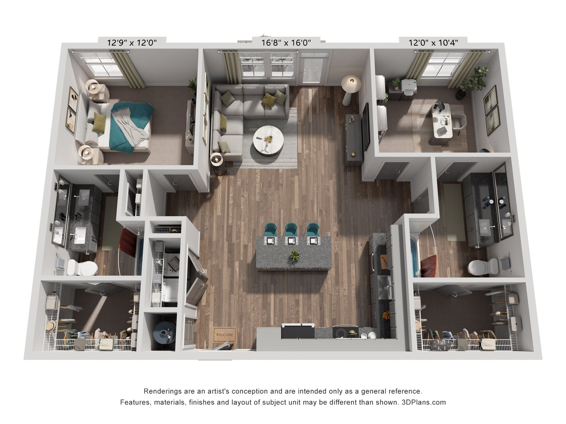 2 Bed 2 Bath Floor Plan | 1,216 Sq. Ft. at Livingston Flats Apartments, VA, 23832