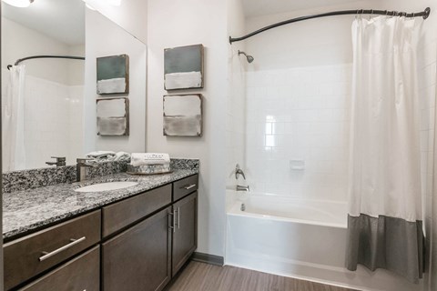 a bathroom with a tub and a sink and a mirror at Village at Westland Cove Apartments, Tennessee, 37922