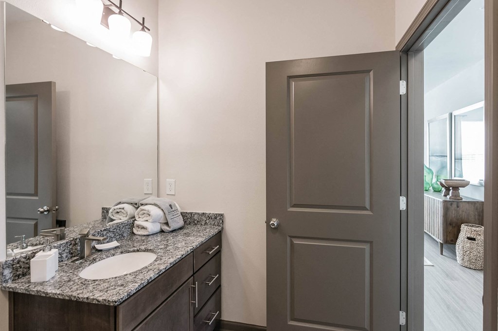 a bathroom with a sink and a mirror and a door at Village at Westland Cove Apartments, Knoxville, TN, 37922