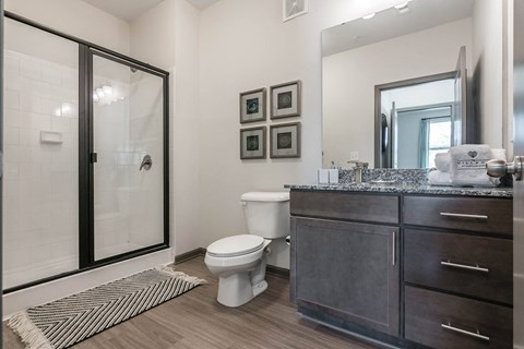 a bathroom with a shower and a toilet and a sink at Village at Westland Cove Apartments, Tennessee, 37922