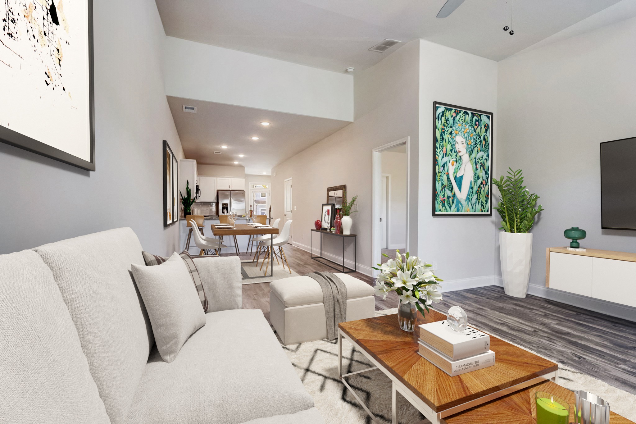 a living room with a couch and a table