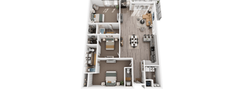 A top-down view of a small apartment with a kitchen, living room, and bedroom.