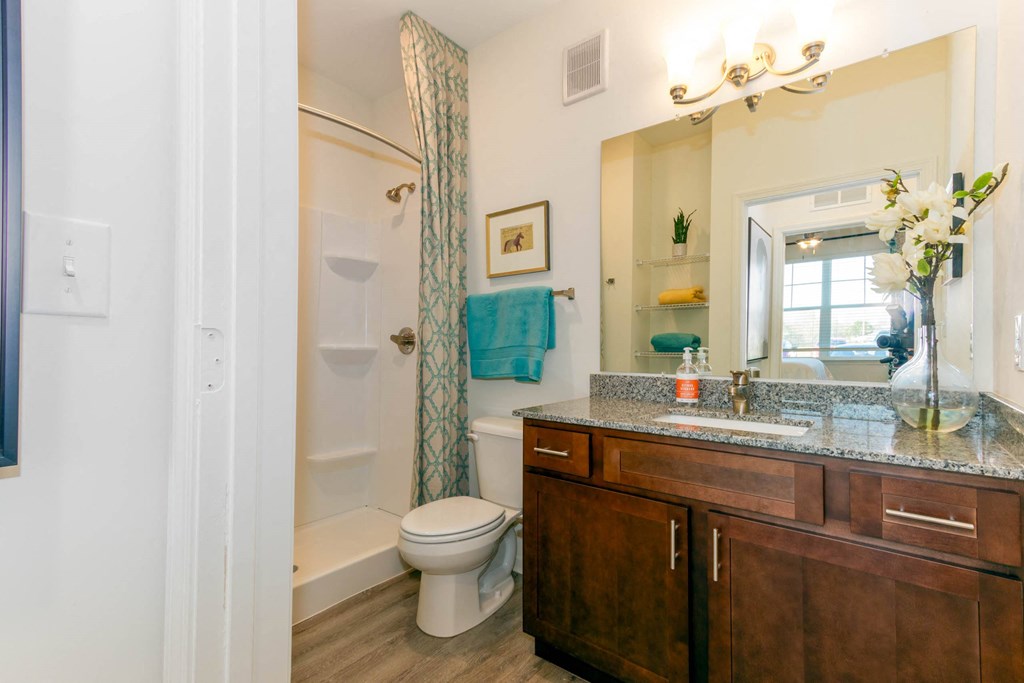 a bathroom with a toilet sink and shower and a mirror at Capstone at Banks Crossing, Commerce