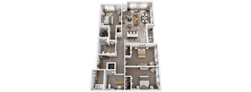 A top-down view of a small apartment layout with a kitchen, living room, and bedroom.