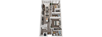A top-down view of a small apartment with a kitchen, living room, and bedroom.
