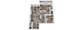 A top-down view of a small apartment with a living room, kitchen, and bathroom.