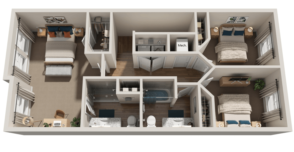 A 3D floor plan of a house with multiple rooms and furniture.