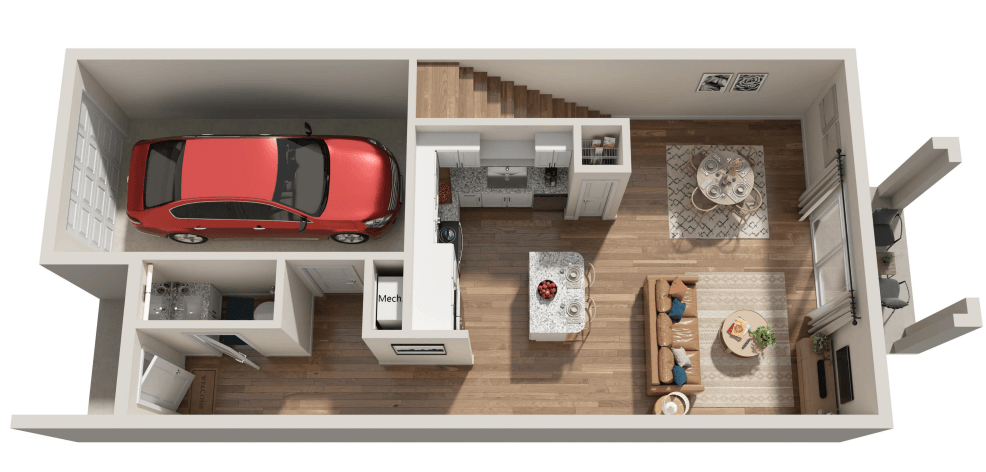 A red car is parked in a garage attached to a house.