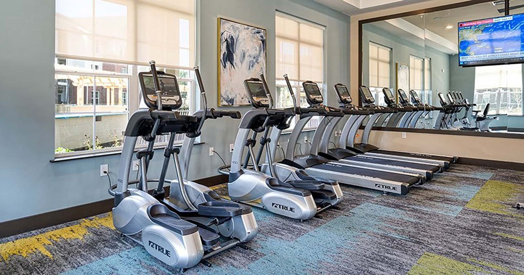 a row of cardio machines in a gym at Canopy at Ginter Park Apartments, Richmond, VA, 23227