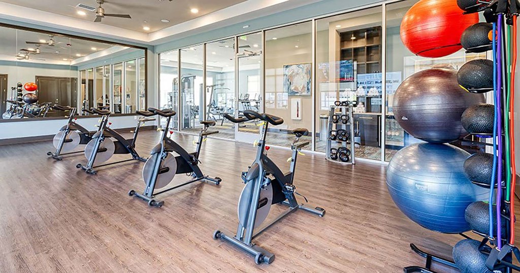 a gym with treadmills and other exercise equipment at Canopy at Ginter Park Apartments, Richmond, VA, 23227