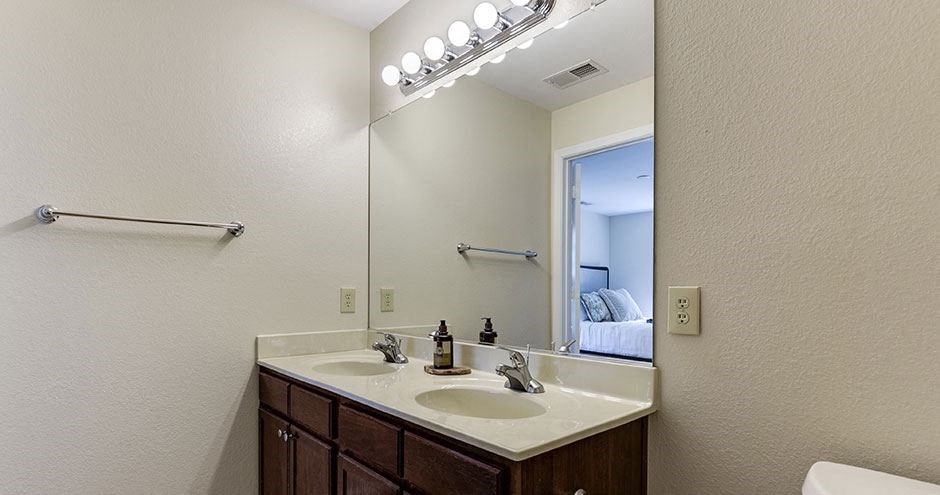 a bathroom with a sink and a mirror at SomerHill Farms Apartments, Virginia