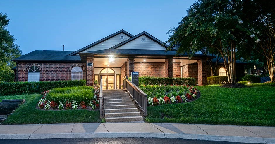 this is a photo of the front of a house at dusk at Bellemeade Farms Apartments, Leesburg Virginia