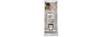 a bedroom with a bed and a refrigerator