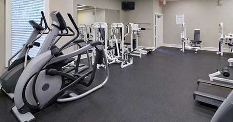 A gym with treadmills, elliptical machines, and other exercise equipment at Austin Chase Apartments, Macon, Georgia