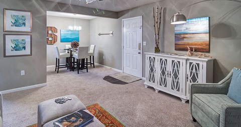A living room with a grey couch, a white cabinet, and a rug on the floor.