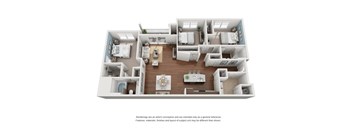 A 3D floor plan of a house with a kitchen, living room, and bedrooms.
