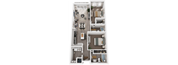 A top-down view of a small apartment with a kitchen, living room, and bedroom.