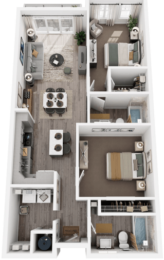A top-down view of a small apartment with a kitchen, living room, and bathroom.