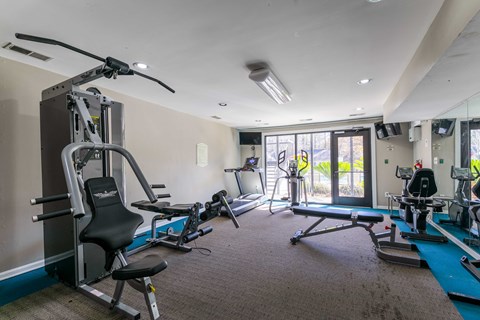 A well-equipped gym with a variety of exercise machines.