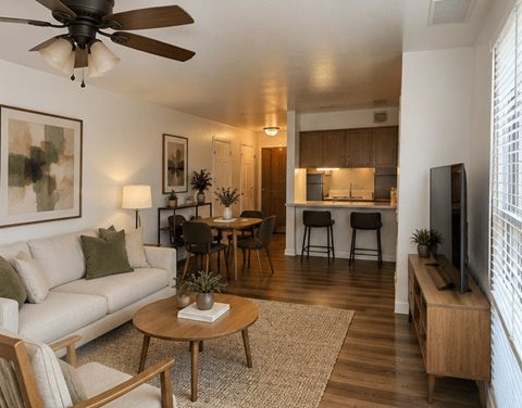 A living room with a white couch, a wooden coffee table, and a ceiling fan.
