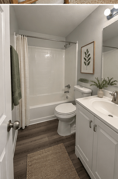 A white bathroom with a toilet, sink, and shower.