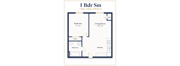 A floor plan of a 1 Bedroom Studio apartment with a bedroom, living room, kitchen, and bathroom.