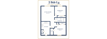 A 2 Bedroom Living Room apartment layout with a kitchen and two closets.