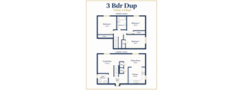 A floor plan for a 3 Bedroom, 1.5 Bathroom apartment.