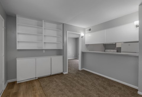 A room with white shelves and cabinets.