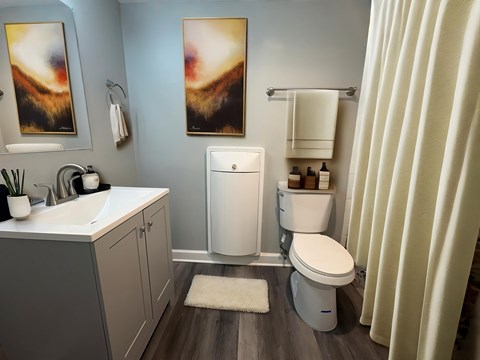 A bathroom with a toilet, sink, and a shower curtain. at The Langston Views, Washington, 20020