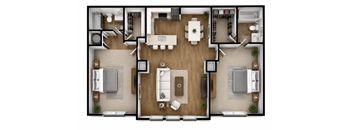 A top-down view of a modern apartment layout with a central living area, kitchen, and bedrooms.