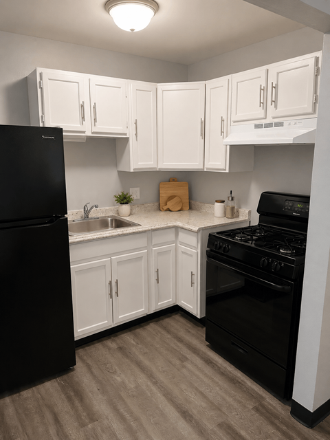 A kitchen with black appliances and white cabinets.