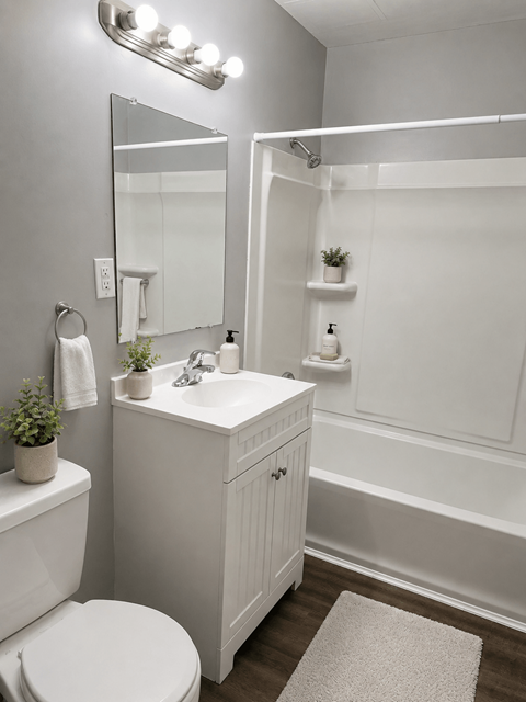 A white bathroom with a toilet, sink, and mirror.