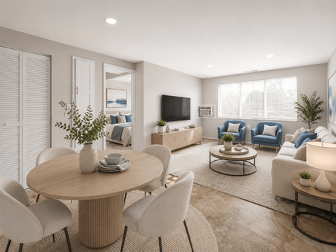 A modern living room with a round table and chairs.