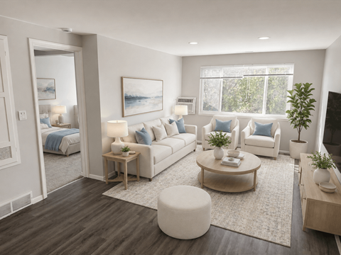 A modern living room with white furniture and a large window.