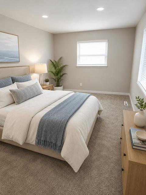A bedroom with a large bed and a window.