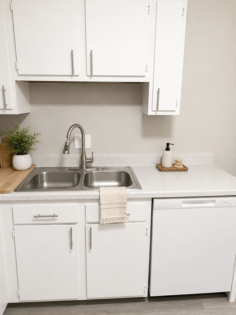 A kitchen with white cabinets and a stainless steel sink.