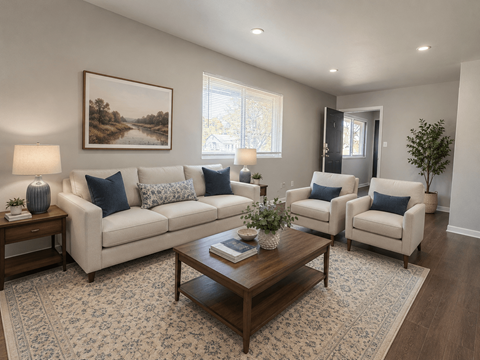 A living room with a large couch, two chairs, a coffee table, and a painting on the wall.
