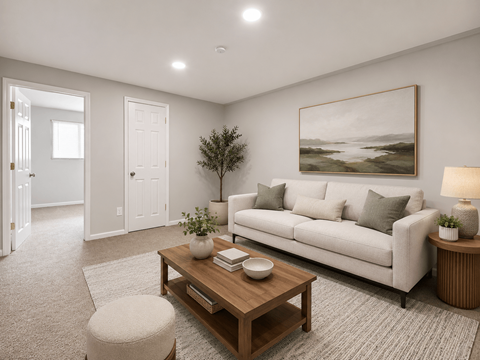 A living room with a couch, a coffee table, and a painting on the wall.