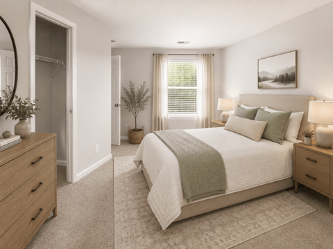 A bedroom with a large bed, a dresser, and a mirror.