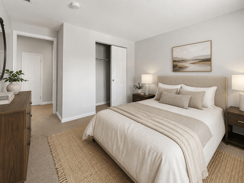 A bedroom with a large bed and a painting on the wall.