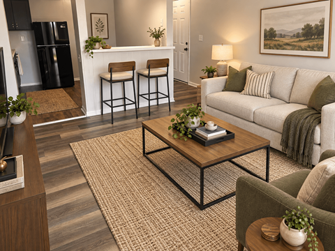 A living room with a white couch, a coffee table, and a painting on the wall.